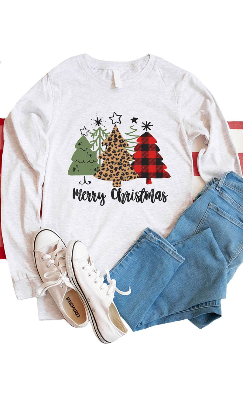 Merry Christmas Leopard Tree Graphic Long Sleeve